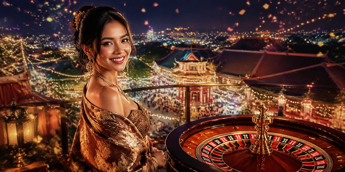 Meja roulette malam hari di pasar lokal dengan suasana hiburan kasino online