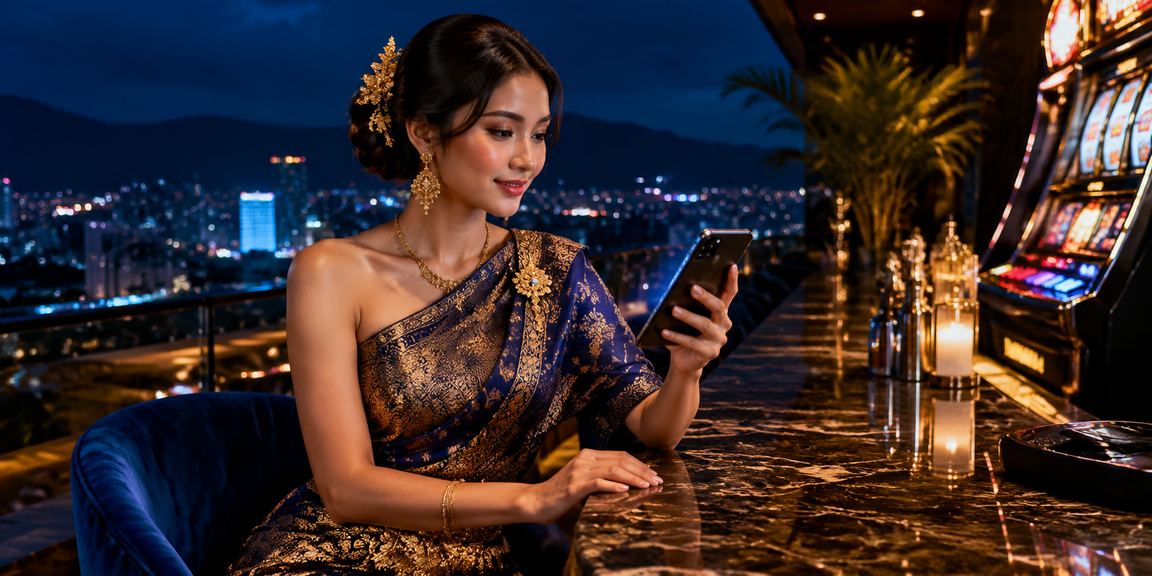 Pengguna perempuan memainkan slot online di perangkat mobile dengan antarmuka modern