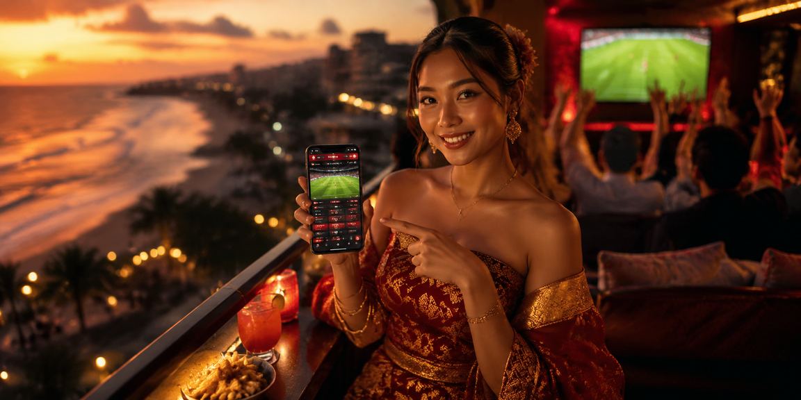 Penggemar olahraga Indonesia melihat informasi taruhan pertandingan di tepi pantai