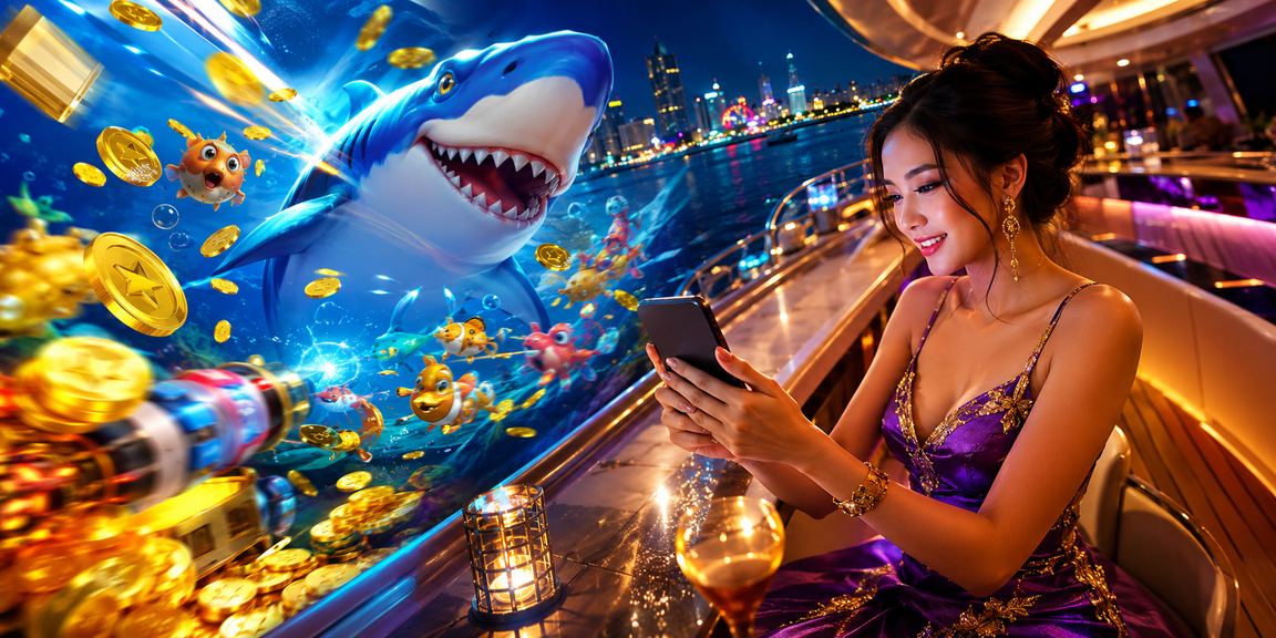 Ilustrasi game tembak ikan angsa4d dengan latar pantai tropis